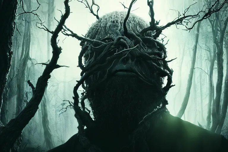 Prompt: an ultra realistic, cinematic, headshot portrait, of an evil tree wizard, kanye west, fantasy, elden ring, branches, facial features, background of a vast serene landscape, with trees and rivers, detailed, deep focus, movie still, dramatic lighting, ray tracing, by michal karcz and yoshitaka amano