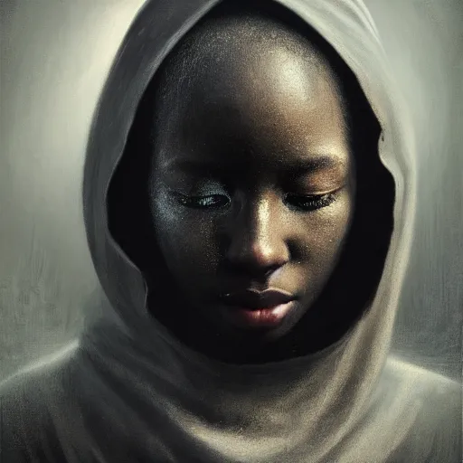 Image similar to a portrait of a young black woman wearing a long dark cloak, hood and shadows covering face, anatomically correct, beautiful perfect face, enigmatic, oil painting, matte painting, black background, Volumetric dynamic lighting, Highly Detailed, Cinematic Lighting, Unreal Engine, 8k, HD, by Beksinski