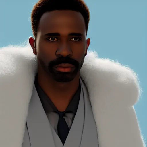 Image similar to beautiful 3D rendered fictional black man character made of fluffy clouds, wearing white suit, realistic, 8k, 4k, unreal engine, by Antoni Tudisco, artstation