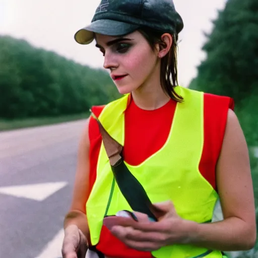 Image similar to photo, close up, emma watson in a hi vis vest picking up trash on the side of the interstate, portrait, kodak gold 2 0 0,