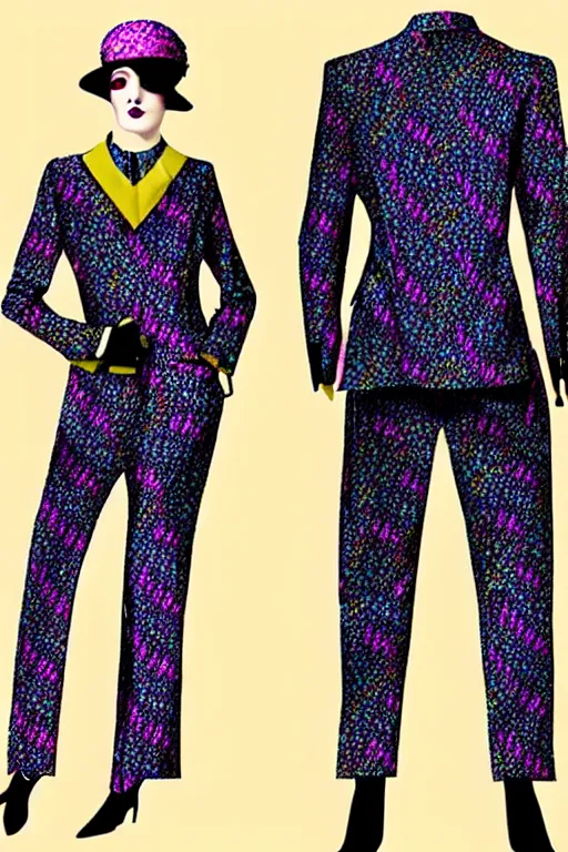 Prompt: psychedelic fashion business suit maximalist 1 9 2 0 s optical illustion pattern textile business suit uniform