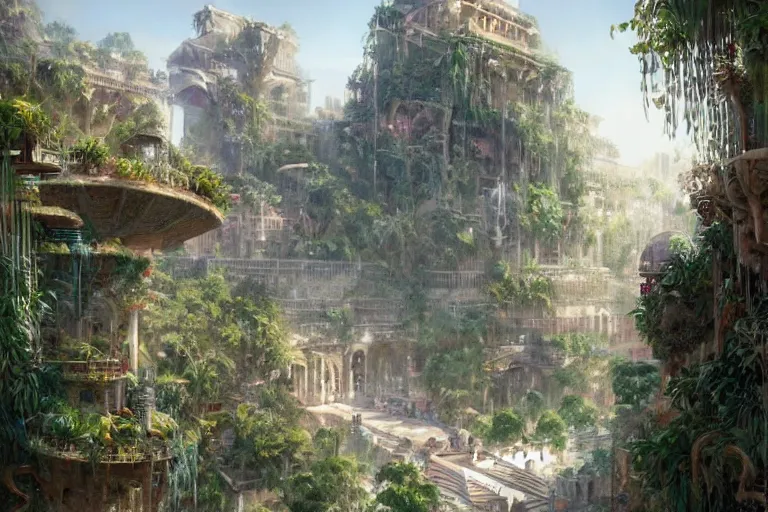 Image similar to hanging gardens of babylon, highly detailed, digital painting, artstation, concept art, sharp focus, illustration, art by artgerm and greg rutkowski and magali villeneuve