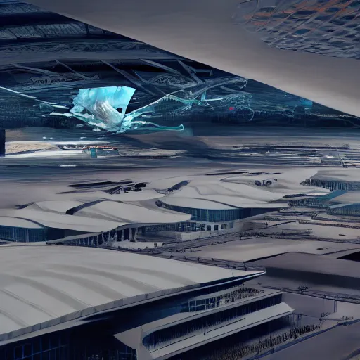 Image similar to view from above sci-fi airport on the coronation of napoleon painting and digital billboard in the middle, unreal engine 5, keyshot, octane, artstation trending, ultra high detail, ultra realistic, cinematic, 8k, 16k, in style of zaha hadid, in style of nanospace Michael Menzelincev, in style of Lee SOUDER, in style of photogrammetry cloud, in plastic, dark, tilt shift,