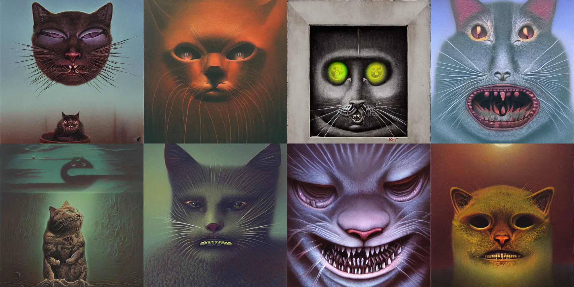 Image similar to grinning evil cat, HD, award winning, in style of beksinski, film grain, medium format, 8k resolution, oil on canvas