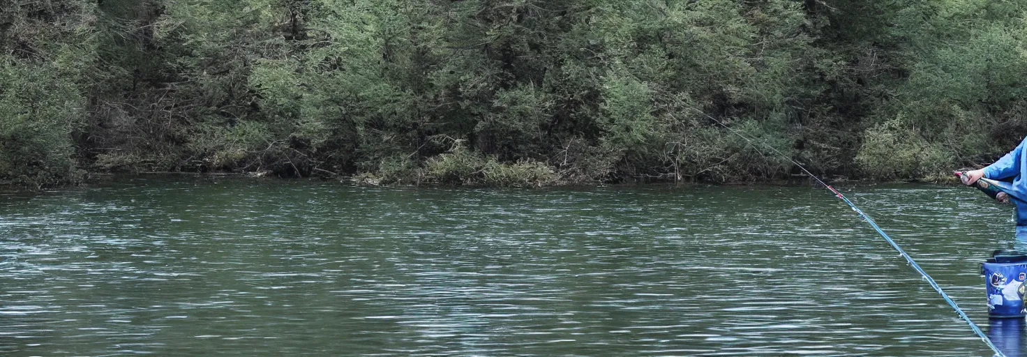 Prompt: flux pavilion fishing for trout in a beautiful lake, cinematic composition, sharp focus, highly detailed, blue hair