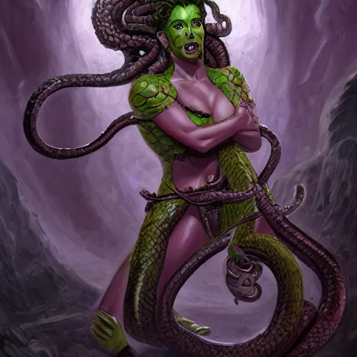 Prompt: medusa gorgon rogue with hissing snake hair, dnd character, portrait, matte fantasy painting, deviantart artstation, by jason felix by steve argyle by tyler jacobson