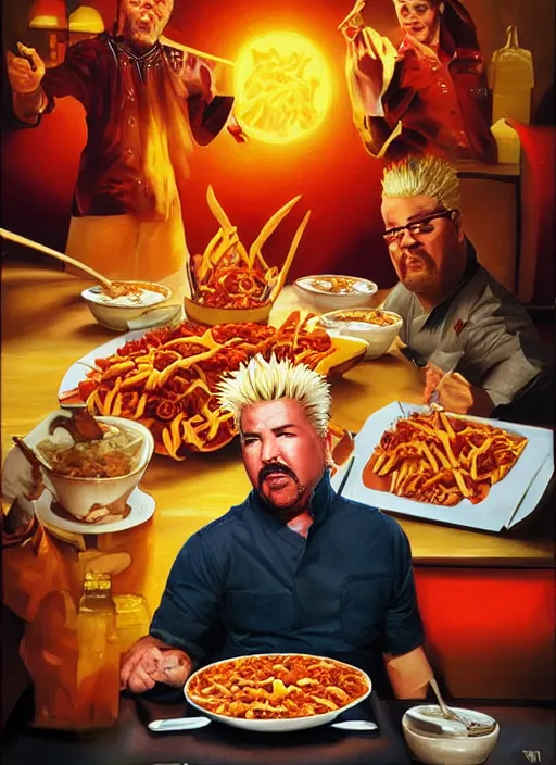 Prompt: epic cinematic poster artwork for guy fieri eating chili cheese fries, moody painting by drew struzan, beautiful backlit, colorful, iconic composition, epic award winning, artstation, extremely detailed, flare, photorealistic, 4 k