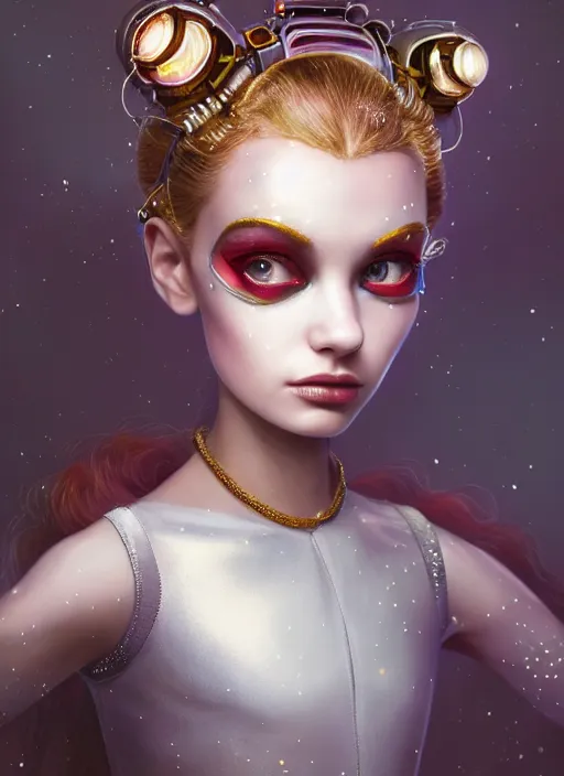 Image similar to pixar portrait 8 k photo, beautiful shiny white rich galactic prima ballerina clowncore russian cyborg college girl, golden ratio details, sci - fi, fantasy, cyberpunk, intricate, decadent, highly detailed, digital painting, ever after high, octane render, artstation, concept art, smooth, sharp focus, illustration, art by artgerm, loish, wlop