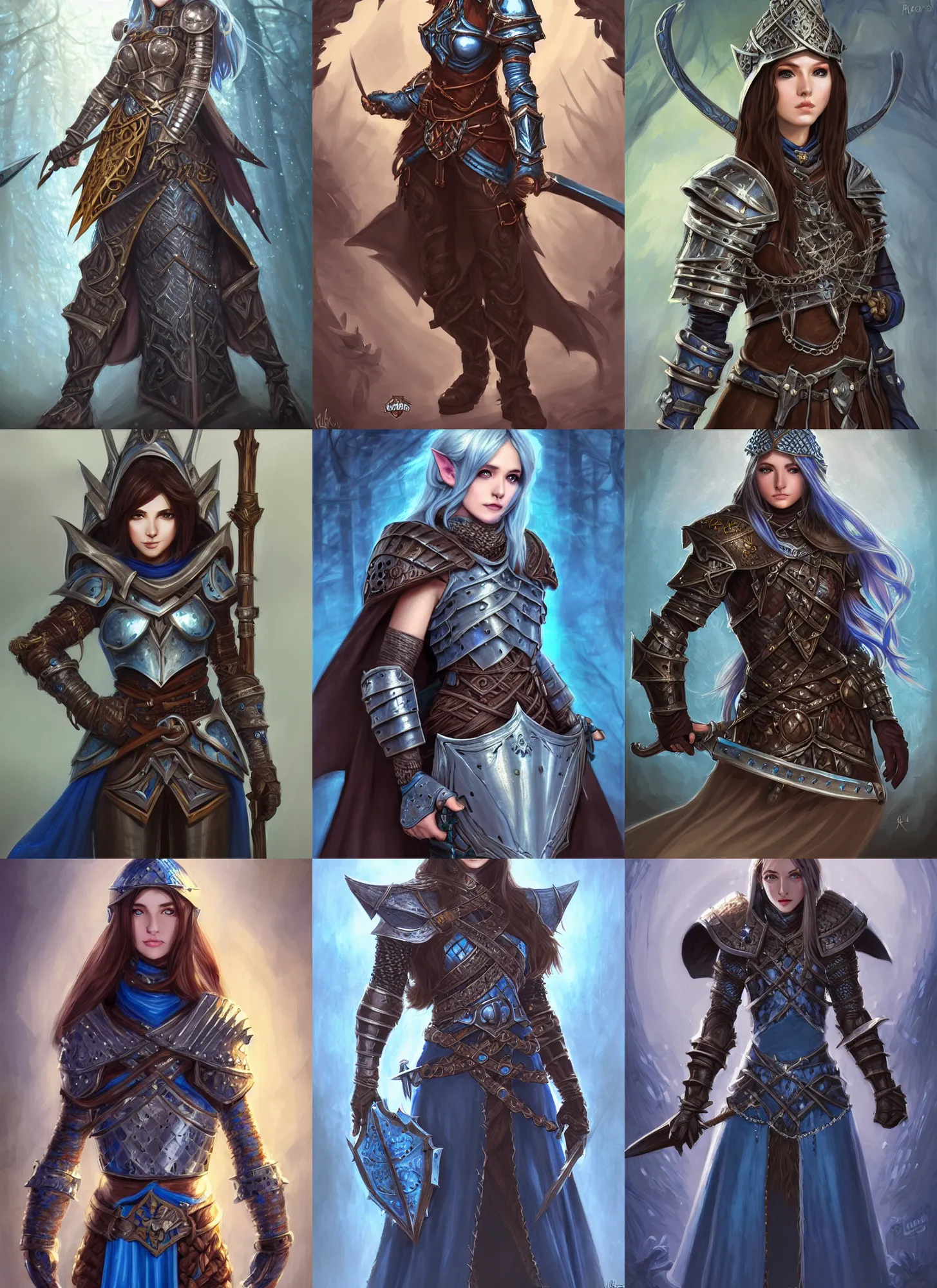 portrait knight female, chain mail armor, blue