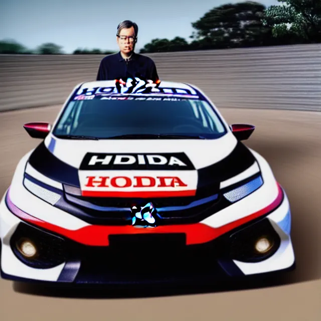 Prompt: a photo of bob lazar standing by honda civic drift spec car, cinematic lighting, detailed symmetrical face, photorealistic, highly detailed