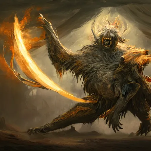 Image similar to Anthropomorphized Dog casting epic spell, magic the gathering artwork, D&D, fantasy, cinematic lighting, centered, symmetrical, highly detailed, digital painting, artstation, concept art, smooth, sharp focus, illustration, volumetric lighting, epic Composition, 8k, art by Akihiko Yoshida and Greg Rutkowski and Craig Mullins, heroic pose, oil painting, cgsociety, magic lab background