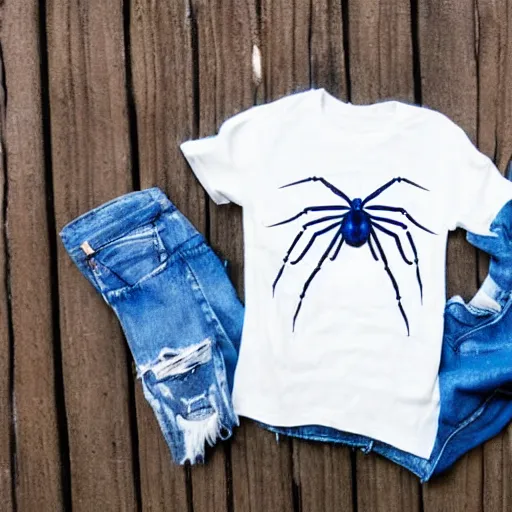 Image similar to white tshirt with design of a cute blue spider on it