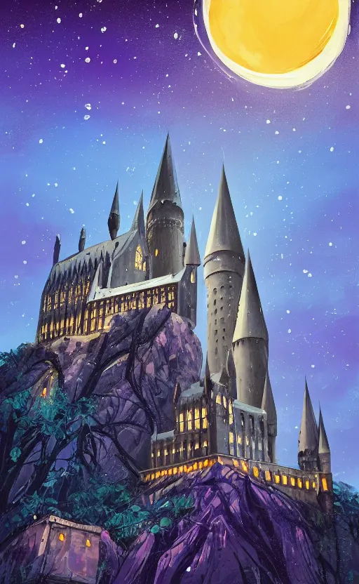 Image similar to a beautiful illustration of hogwarts at night, art of alena aenami, featured on artstation, vertical orientation, paint brush strokes, expressionism, brushstroke - laden, breathtaking clouds, birds, ocean, beautiful stars, long exposure, big moon radius, airy midnight magical theme, blue purple gradient, lens flare