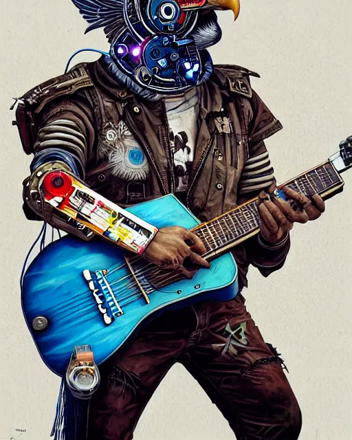 Prompt: a portrait of an anthropomorphic cyberpunk eagle strumming an acoustic guitar by sandra chevrier, by jon foster, detailed render, tape deck, epic composition, cybernetics, 4 k realistic, cryengine, realistic shaded lighting, sharp focus, masterpiece, by enki bilal