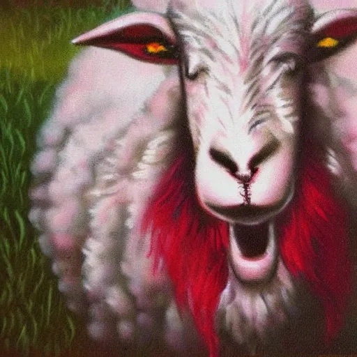 Image similar to Sheep with red whool and pointy vampire teeth, ambient lighting, highly detailed, mystic, tpg artwork