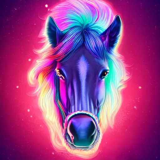 Prompt: digital horse, retrowave palette, highly detailed, anatomically correct equine, synth feel, smooth face, ear floof, flowing mane, no reins, super realism, accurate animal imagery, 4 k digital art 🖌