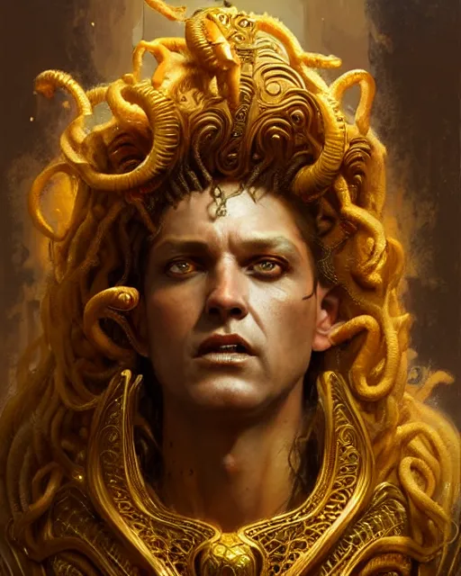 Image similar to fierce medusa in an golden robe, fantasy character portrait, ultra realistic, concept art, intricate details, highly detailed by greg rutkowski, gaston bussiere, craig mullins, simon bisley