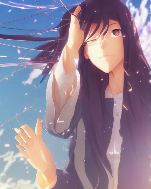 Image similar to girl, fantasy, bleach, ultra realistic!!!, clear weather, golden hour, sharp focus, art by makoto shinkai and alan bean, yukito kishiro