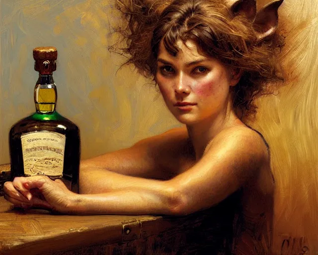 Prompt: an exhausted rhino girl in her studio with a bottle of whisky. highly detailed painting by gaston bussiere, craig mullins, j. c. leyendecker 8 k