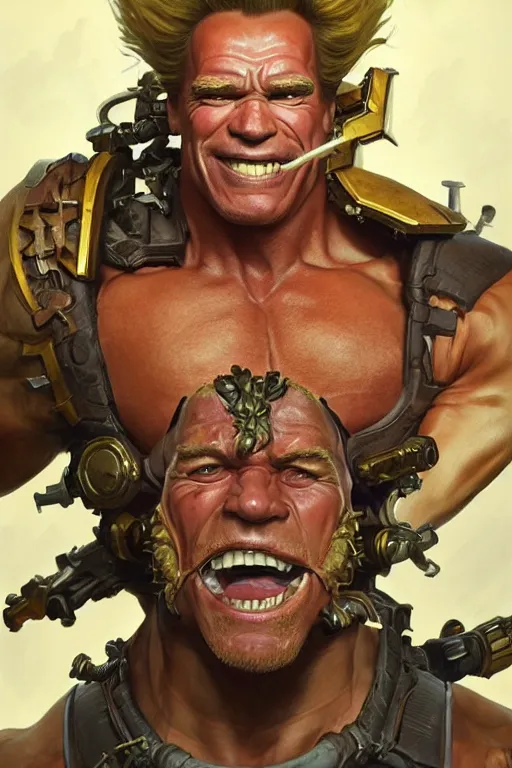 Image similar to portrait of arnold schwarzenegger as junkrat from overwatch, full body, fantasy, intricate, elegant, highly detailed, digital painting, artstation, concept art, sharp focus, illustration, art by artgerm and greg rutkowski and alphonse mucha