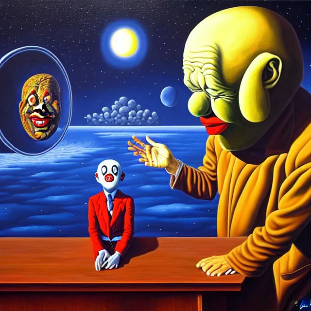 Prompt: an oil on canvas painting of a sad clown sitting by himself next to the devil, surrealism, surrealist, cosmic horror, rob gonsalves, high detail