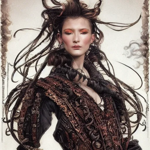 Image similar to portrait, headshot, insanely nice professional hair style, dramatic hair color, digital painting, of a old 17th century, old cyborg merchant, amber jewels, baroque, ornate clothing, scifi, realistic, hyperdetailed, chiaroscuro, concept art, art by Franz Hals and Jon Foster and Ayami Kojima and Amano and Karol Bak,