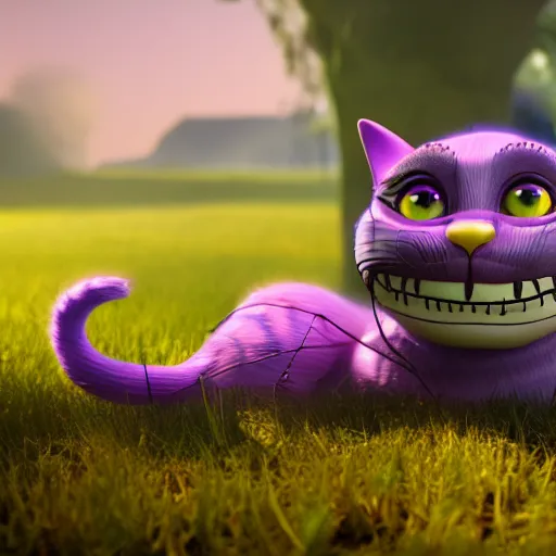 Image similar to smiling cheshire cat, doll figurine, alice in wonderland theme, octane render 8 k, disney inspired landscape, artstation, cinematic lighting, hd, ultra realistic