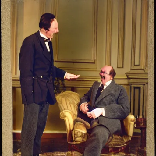 Image similar to friendly british gentleman lord is telling a joke, vintage photo