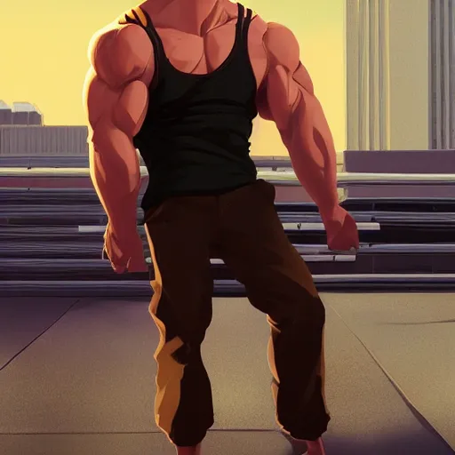 Image similar to portrait of the immensely towering bodybuilder Harrison Ford with beautiful long pale blond hair, posing for a photoshoot in the golden hour, black tank top, broad shoulders and huge thick arms, ambient lighting, 4k, anime key visual, lois van baarle, ilya kuvshinov, rossdraws, artstation