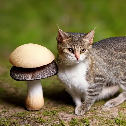 Image similar to a small domestic housecat with a thin mushroom growing atop its head