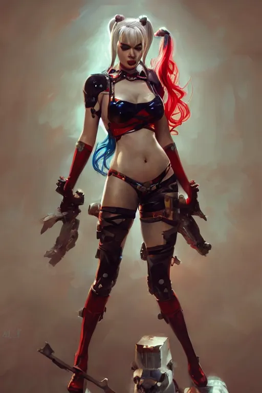Image similar to portrait of Harley Quinn in bikini armor, dc comics, cyberpunk, Warhammer 40000, digital art from artstation by Ruan Jia and Mandy Jurgens and Artgerm and william-adolphe bouguereau