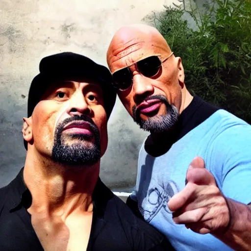 Prompt: caparezza taking a selfie with dwayne johnson, realistic, clean composition