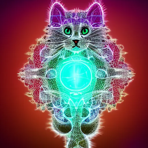 Prompt: concept character colorful fractal cute cat glowing luminescent detailed filigree on black background 4 k