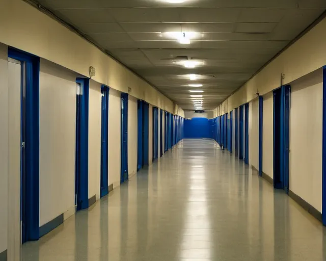 Image similar to a school corridor at night, night time, after hours, low light, blue, color