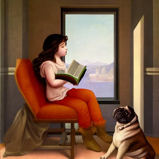 Image similar to a girl and her pug reading a book by Raphael, Hopper, and Rene Magritte. detailed, romantic, enchanting, trending on artstation.