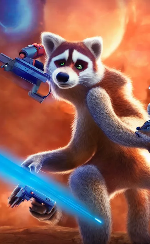 Prompt: “red racoon holding laser gun standing face to face off with blue racoon holding laser gun, cinematic, dramatic in the style of zootopia”