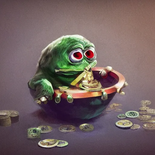 Image similar to super rich happy pepe, coins, gold, crystals, greg rutkowski