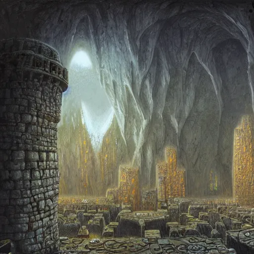 Image similar to an underground dwarven city, by john howe