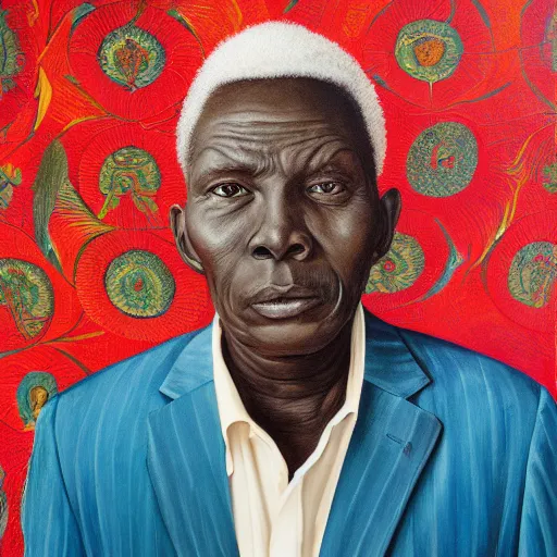 Image similar to a painting of a round face, XXL, Loving, caring, generous, ever-present, humble, wise elder from Kenya in a suit by Kehinde Wiley . Fatherly/daddy, focused, loving, leader, relaxed,. ethereal lights, details, smooth, sharp focus, illustration, realistic, cinematic, artstation, award winning, rgb , unreal engine, octane render, cinematic light, macro, depth of field, blur, red light and clouds from the back, highly detailed epic cinematic concept art CG render made in Maya, Blender and Photoshop, octane render, excellent composition, dynamic dramatic cinematic lighting, aesthetic, very inspirational, arthouse.