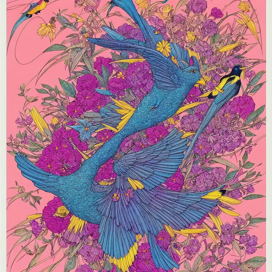 Image similar to ( ( ( ( beautiful flowers and birds, surrounded by decorative frame design ) ) ) ) by mœbius!!!!!!!!!!!!!!!!!!!!!!!!!!!, overdetailed art, colorful, artistic record jacket design