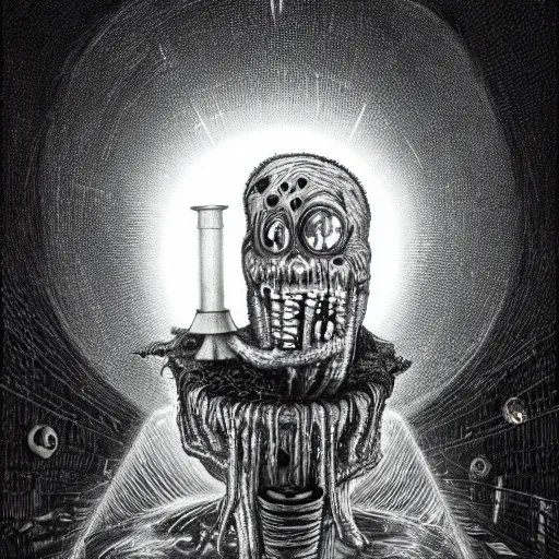 Image similar to lovecraftian mr bucket, surrounded by beams of light dark background by wayne barlow, stanley donwood, anton semenov, zdzislaw bekinski, hr giger, 8 k, fantasy, dark, highly detailed