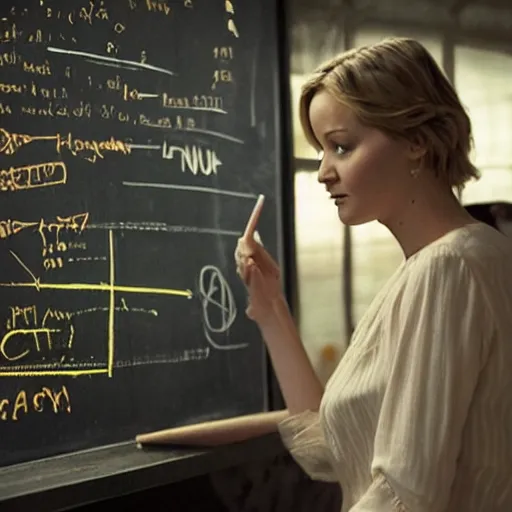 Image similar to the first still from the professor, directed by christopher nolan, shows jennifer lawrence at a chalkboard explaining data pipelines 4 k