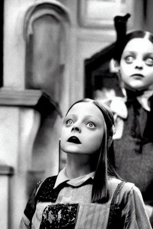 Image similar to Young Jodie Foster as Wednesday in The Addams Family 1991