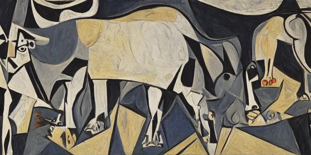 Prompt: a mural of a cow bull looking into a microscope with cells research Picasso guernica