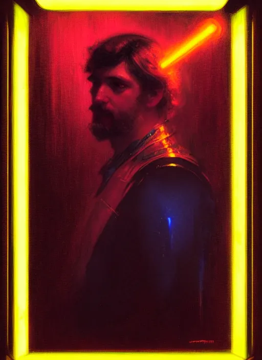 Image similar to portrait of eddie munson joseph quinn. 8 0's neon retro. lights, glow, magical. dark background. illustration by gaston bussiere, gerome, craig mullins, greg rutkowski, john singer sargent.