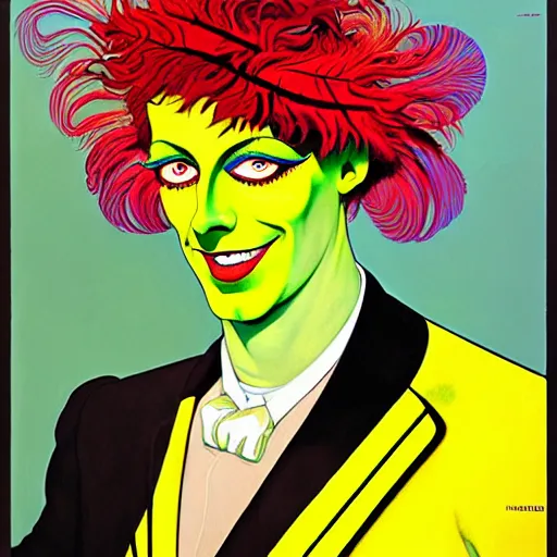 Image similar to art by joshua middleton, the yellow creeper, a tall manically smiling yellow - skinned man with green and black striped cycling shorts and wearing a long red and black striped ostrich feather boa, yellow makeup, mucha, kandinsky, poster, art deco motifs, comic art, stylised design, scarlet feather boa