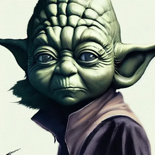 Image similar to Yoda as a punk with long black hair, matte painting by Greg Rutkowski, highly detailed, sharp, hard edges, trending on artstation