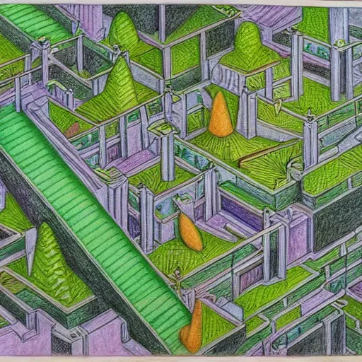 Image similar to hanging gardens of babylon, in the style of m c escher, colored pencil drawing