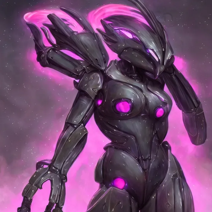 Image similar to cinematic shot, bust, cosmic sized perfectly proportioned stunning hot female warframe, anthropomorphic robot mecha female dragon, dragon head, silver, fuschia leds, floating in empty space, nebula sized, holding a galaxy, epic proportions, epic size, epic scale, furry art, dragon art, giantess art, warframe fanart, furaffinity, deviantart