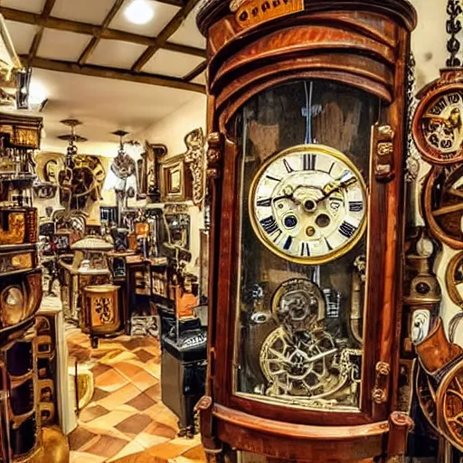 Image similar to interior of a small steampunk clock shop, father time, nautical wooden grandfather clocks everywhere, realistic, very intricate hyper detailed masterpiece